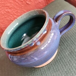 Artist Signed Ceramic Handled Bowl in Blue and Green